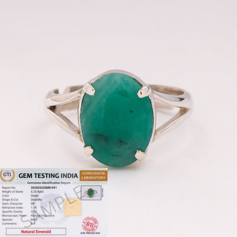 Certified Green Emerald Ring (Panna) in Sterling Silver, Adjustable- Design 1 | Studio Vaidik