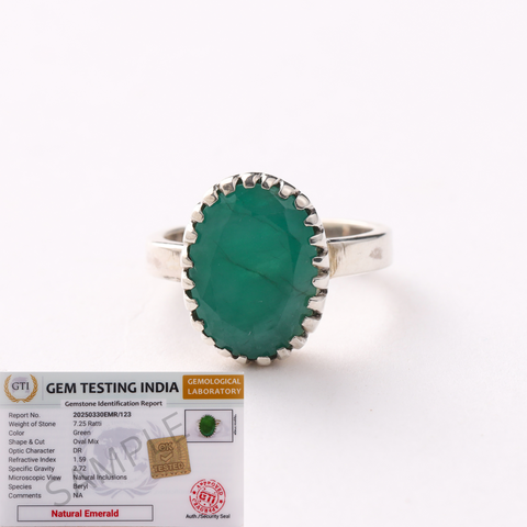 Certified Green Emerald Ring (Panna) in Sterling Silver, Adjustable- Design 3 | Studio Vaidik