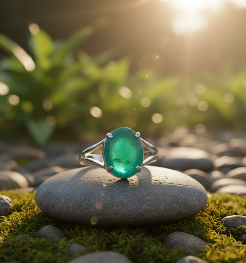 Certified Green Emerald Ring (Panna) in Sterling Silver, Adjustable- Design 1 | Studio Vaidik