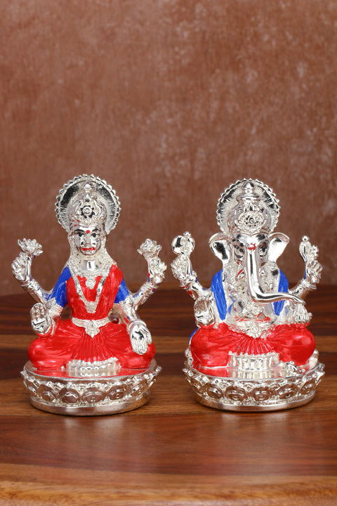 Studio Vaidik Pure Silver Plated Laxmi Ganesha Pair Goddess Idol for Diwali Pooja Gifting 3.5 inch