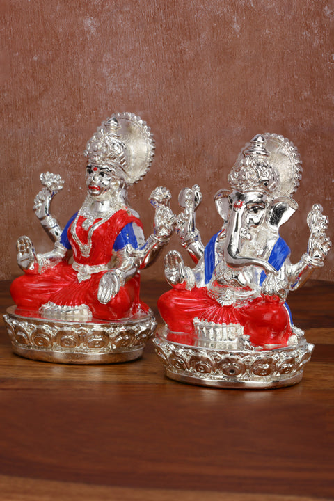 Studio Vaidik Pure Silver Plated Laxmi Ganesha Pair Goddess Idol for Diwali Pooja Gifting 3.5 inch
