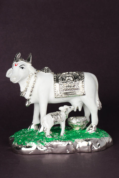 Studio Vaidik Silver White Kam Dhenu with Calf for Home Decor Gift Item for Good Luck
