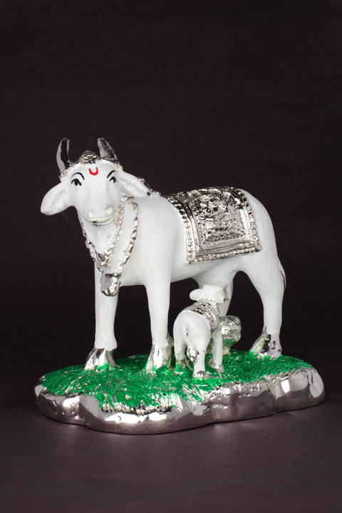 Studio Vaidik Silver White Kam Dhenu with Calf for Home Decor Gift Item for Good Luck
