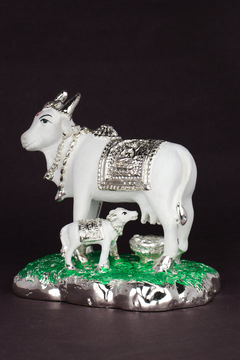 Studio Vaidik Silver White Kam Dhenu with Calf for Home Decor Gift Item for Good Luck