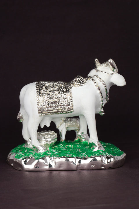 Studio Vaidik Silver White Kam Dhenu with Calf for Home Decor Gift Item for Good Luck