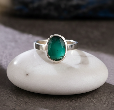 Certified Green Emerald Ring (Panna) in Sterling Silver, Adjustable- Design 2 | Studio Vaidik