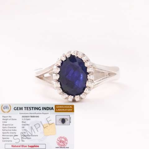 Certified Blue Sapphire (Neelam) Ring in Sterling Silver, Adjustable- Design 3 | Studio Vaidik
