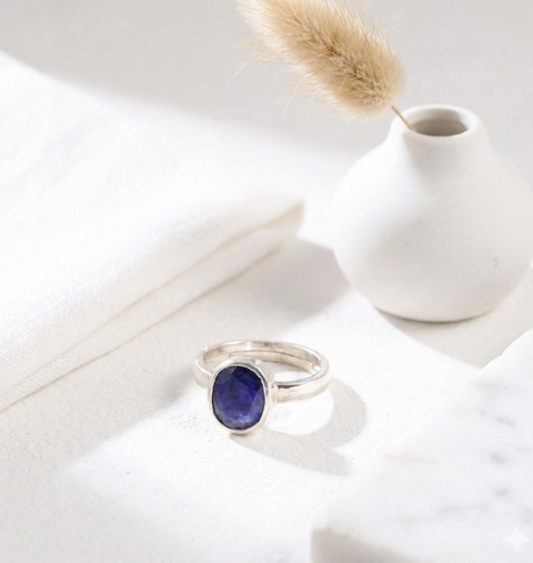 Certified Blue Sapphire (Neelam) Ring in Sterling Silver, Adjustable- Design 2 | Studio Vaidik