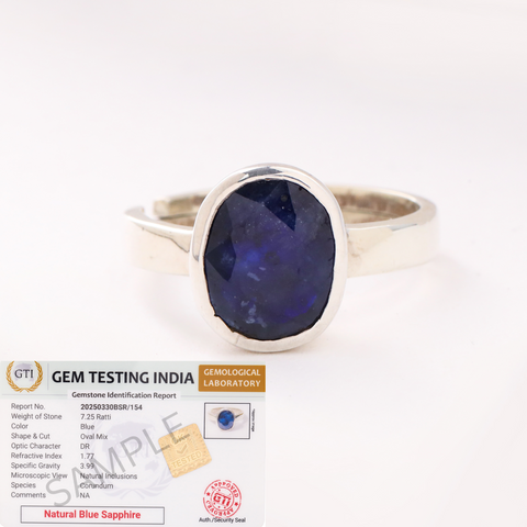 Certified Blue Sapphire (Neelam) Ring in Sterling Silver, Adjustable- Design 2 | Studio Vaidik
