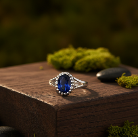 Certified Blue Sapphire (Neelam) Ring in Sterling Silver, Adjustable- Design 3 | Studio Vaidik