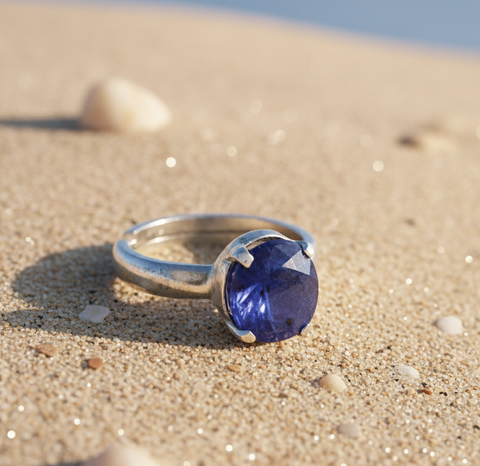 Certified Blue Sapphire (Neelam) Ring in Sterling Silver, Adjustable- Design 1 | Studio Vaidik