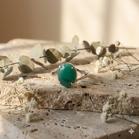 Certified Green Emerald Ring (Panna) in Sterling Silver, Adjustable- Design 1 | Studio Vaidik